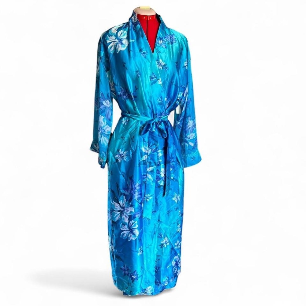 Delicates Blue Floral Long Sleeves Satin Robe With Chiffon Sleeves Medium
